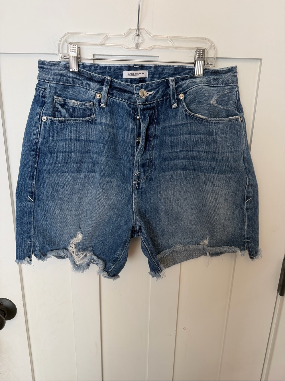 Good American Jean Shorts Cotton Distressed Button Fly High Rise Size 8/29 Denim